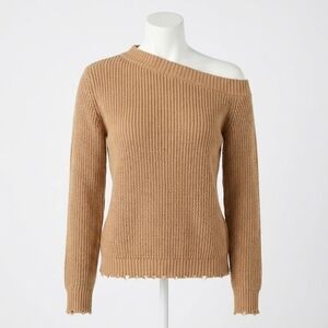 NEW MINNIE ROSE cotton shaker off-the-shoulder sweater top in brown sugar
